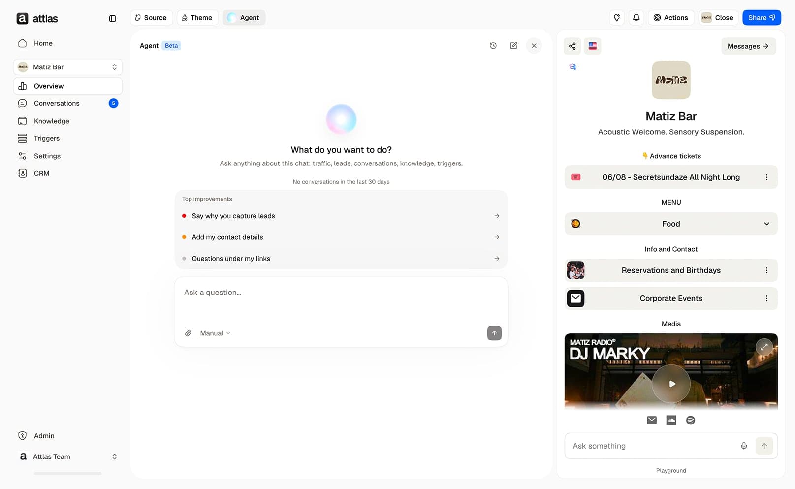 Attlas dashboard with the Agent panel open next to the live chat preview