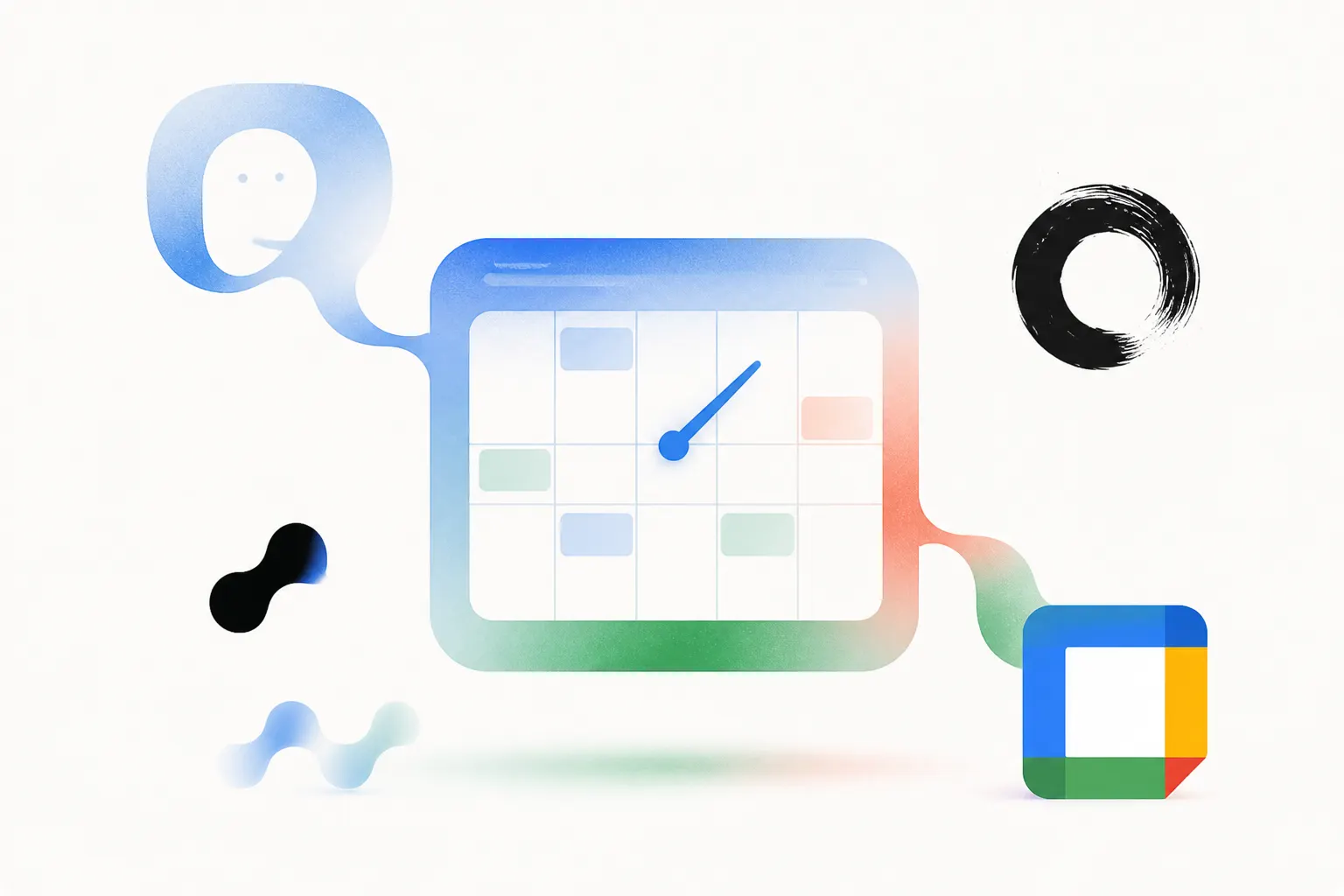 Illustration of an AI chat connected to Google Calendar, showing a calendar with scheduled events and visual elements representing automated meeting scheduling.